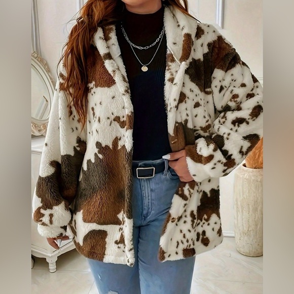 Jackets & Blazers - ❤️ Cow Print Plush Hooded Outerwear - Brown/White